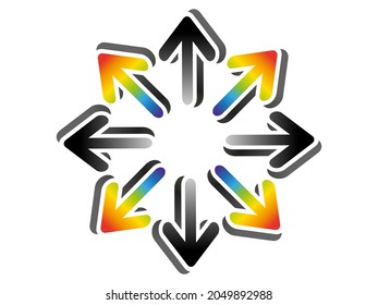 The concept of rainbow and black arrows rotating in a circle. Direction from the center. In the center there is a place for text. 3D. Infographics. Paper style. For various business designs. 