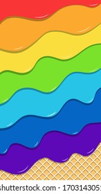 The concept of rainbow ice cream, multicolored, waffle. Vector vertical abstract banner, melting ice cream, sweets, joy. Place for text. Copyspace.