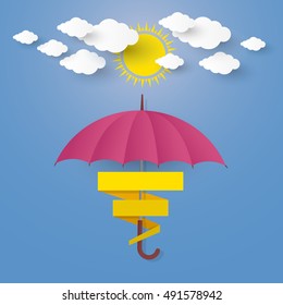 The Concept is Rainy season umbrella in the air with cloud and sun paper cut style,vector design element  illustration