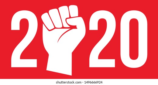 Concept of the raised fist on a red background to symbolize the strike and the demonstrations to defend the social gains of the workers, for the year 2020