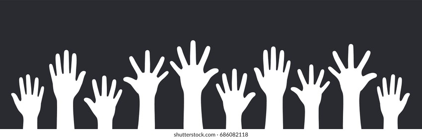 Concept of raised hands up on black background.