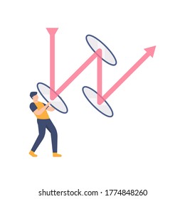 the concept of raising data and increasing revenue. illustration of a man holding a glass to change the direction of an arrow from going down to going up. flat design. can be used for elements