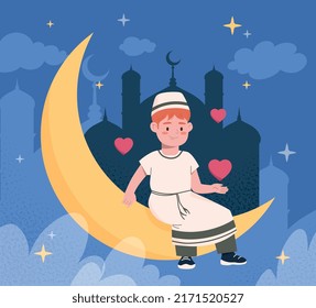Concept of ramadan. Boy in traditional islamic dress sits on moon. Traditions and religion, Muslim celebrates holiday. Greeting card for arab culture people. Cartoon flat vector illustration