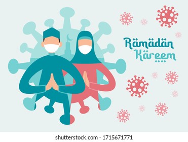 Concept of Ramadan during the Novel Coronavirus 2019-nCoV pandemic. During lockdown, muslim couple in white medical face mask give some greeting. Ramadan Kareem and Coronavirus concept. Vector cartoon