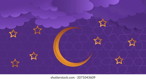 Concepto de ramadán. Fiestas religiosas orientales. Mes con estrellas contra el cielo azul oscuro. Exhibición de productos temáticos del festival islámico musulmán. Símbolo del mes inicial. Dibujo vectorial plano de dibujos animados