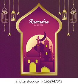 The concept of Ramadan Kareem with landscape in the window. beautiful twilight and traditional lanterns. Banners or greeting cards with temples, mosque buildings.