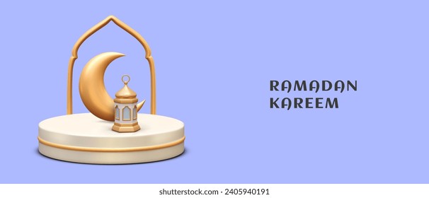 Concept of Ramadan Kareem poster with purple background and place for text. Realistic golden moon and lantern on stage. Vector illustration in 3d style
