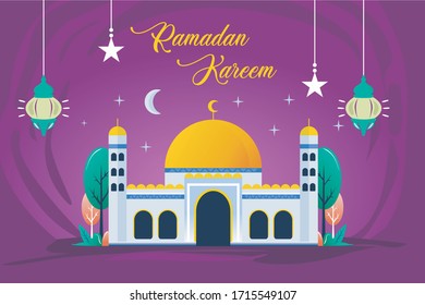 The concept of ramadhan is hand drawn, vector mosque, purple, ramadan kareem background