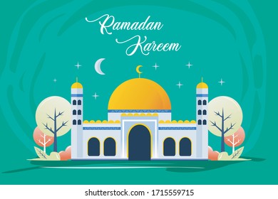 The concept of ramadhan is hand drawn, vector mosque, green, ramadan kareem background