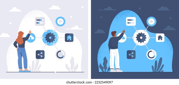 Concept of range of options, selection of alternatives. Set of men and women choosing various functions from dropdown menu. Gearwheel with settings and various apps. Cartoon flat vector collection