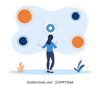 Concept of range of options. Young woman presses button and selects function from alternative tool options in general application menu. User interface. Cartoon modern flat vector illustration