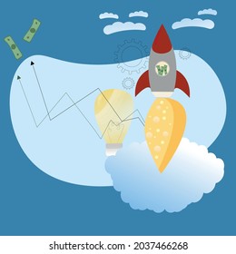 concept of rapid business development, a rocket takes off into the sky, stocks and finances grow, profits, money. Success, risk, promotion. Marketing, bank. Banner for a website and business