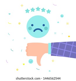 Concept of rate. Hand of man with thumbs down to rating emoji and stars giving emoticon rating on white background. Bad review. Flat design, vector illustration