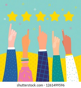 Concept of rate. Hand with pointing finger pointing to 5 rating stars. Flat design, vector illustration