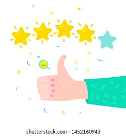 Concept of rate. Hand of woman with thumbs up giving emoticon rating with 5 stars on white background. Good review. Flat design, vector illustration