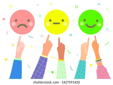 Concept of rate. Hands with index fingers pointing at emojy and giving emoticon rating, on white background. Good and bad review. Flat design, vector illustration