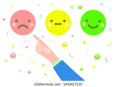 Concept of rate. Hands with index fingers pointing at emoji and giving emoticon rating, on white background. Bad review. Flat design, vector illustration