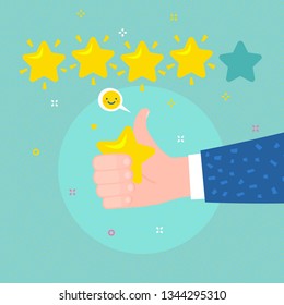 Concept of rate and success. Man holding star in the hand on blue background. Hand with thumbs up and 5 rating stars. Flat design, vector illustration