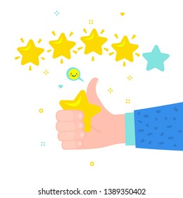 Concept of rate and success. Man holding star in the hand on white background. Hand with thumbs up and 5 rating stars. Flat design, vector illustration