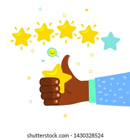 Concept of rate and success. Man holding star in the hand with dark skin on white background. Hand with thumbs up and 5 rating stars. Flat design, vector illustration