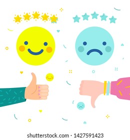 Concept of rate. Two hand with thumbs down and thumbs up giving emoticon rating on white background. Good and bad review. Flat design, vector illustration