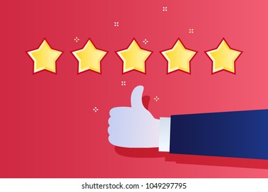 Concept of rating. Customer review. Five star rating. Thumb up, like. Flat design vector illustration