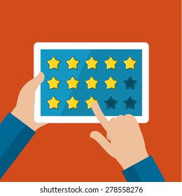 Concept of rating. Hands holding a tablet computer with rating system and hand pushing the button. Flat design vector illustration