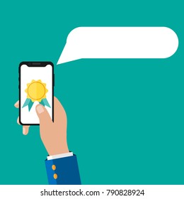 Concept of rating. Hotel, application, website rating, review.Hand with a phone. Feedback. Vector Illustration.