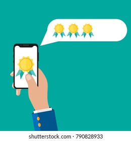 Concept of rating. Hotel, application, website rating, review.Hand with a phone. Feedback. Vector Illustration.
