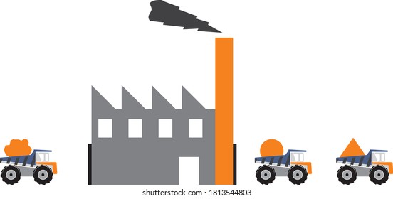 El concepto de materias primas y productos producidos en la fábrica. Los camiones transportan materias primas a la fábrica. Camiones de la fábrica transportan productos