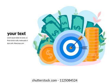Concept Reach the target for web page, banner, presentation, social media, documents, cards, posters. Vector illustration business porters a successful team, rise career to success, good work, money 