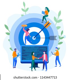 Concept Reach the target for web page, banner, presentation, social media, documents. Vector illustration business porters a successful team, rise career to success, good work, code,  web development
