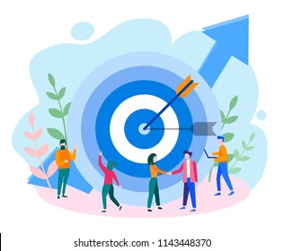 Concept Reach the target for web page, banner, presentation, social media, documents, cards, posters. Vector illustration business porters a successful team, rise career to success, good work
