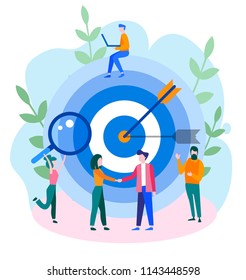 Concept Reach the target for web page, banner, presentation, social media, documents, cards, posters. Vector illustration business porters a successful team, rise career to success, good work
