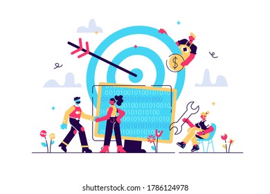 Concept Reach the target for web page, banner, presentation, social media, documents. Vector illustration business porters a successful team, rise career to success, good work, code, web development