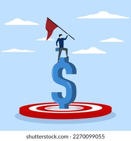 Concept of Reaching financial goal, confident businessman holding winner flag over dollar money target, successful investment or making money, winning wealth and saving goal or achievement concept.