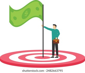 Concept of Reaching a financial goal, confident businessman holding winner flag over dollar money target, successful investment or making money, winning wealth and saving goal or achievement concept.