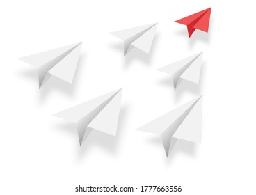 Concept of reaching goal. Paper planes race. Business competition or leadership. Paper planes flying to the destination.