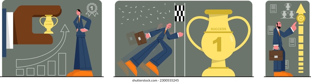 Concept of reaching goal for successful work. Metaphor employee running for prize cup and walking up ladder of tasks. Cartoon flat style vector illustrations set