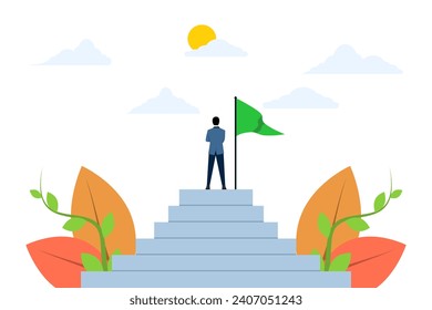 concept of reaching the pinnacle of career or success, an entrepreneur has reached the top of the ladder of success or goal. Businessman standing on stairs with flag. leaders achieve goals. vector.