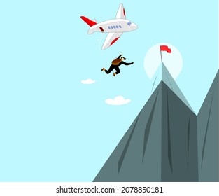concept of reaching success to the top. Risks taken by the businessman in the business world. person jumping out of plane trying to reach the top
