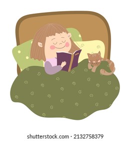 The concept of reading a book before bedtime.  A little girl reading a book in bed. Flat illustration on white background in cartoon style. For print, web design.