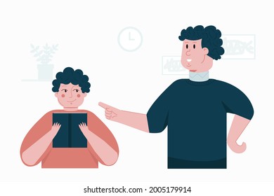 The concept of reading a book at home and education. World Book Day poster. The child and the teacher study the book as an education. Read more books. Vector illustration