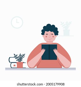 The concept of reading a book at home. Poster of the World Book Day with a person. A person is reading a book at home. Read more books. Vector illustration