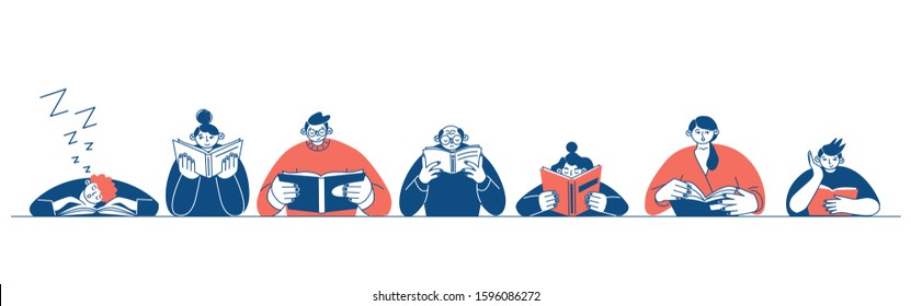 The concept of reading day. People hold a book in their hands. Human character on white background. Flat design style minimal vector illustration. Horizontal banner outline.