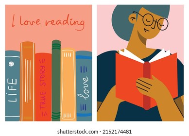 The concept of reading day. People hold a book in their hands. Human character on the background. Flat design style vector cards.