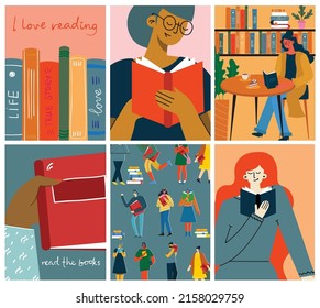 The concept of reading day. People hold a book in their hands. Human character on the background. Flat design style vector cards.