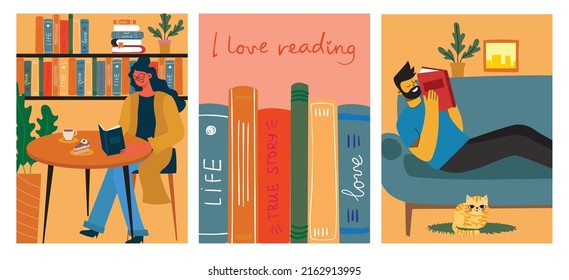 The concept of reading day. People hold a book in their hands. Human character on the background. Flat design style vector cards.