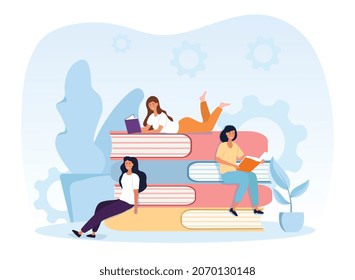 Concept of reading girls. Girlfriends sitting on books. Literature, library, education. Employees improve their skills, knowledge. Read more, information, poem. Cartoon flat vector illustration