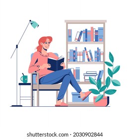 El concepto de lectura en casa en un cómodo sillón. La niña está leyendo un libro, junto al té y una librería. Ilustración vectorial en un estilo plano